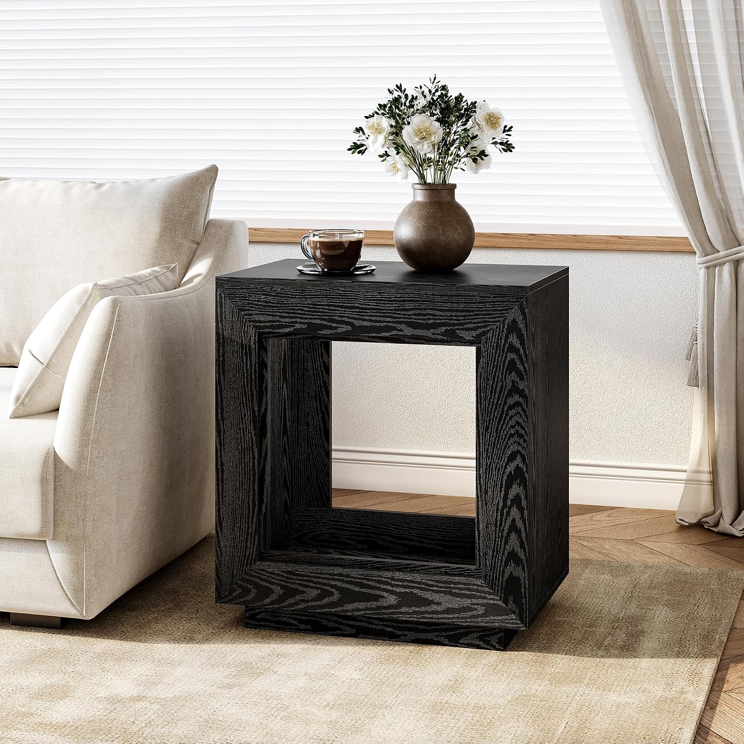LITTLE TREE End Table with Storage, Wooden Square Side Table, Industrial Sofa Side Tables for Living Room, 2-Tier Bedside Table Nightstand for Bedroom, Chair Side Table for Small Spaces, Black