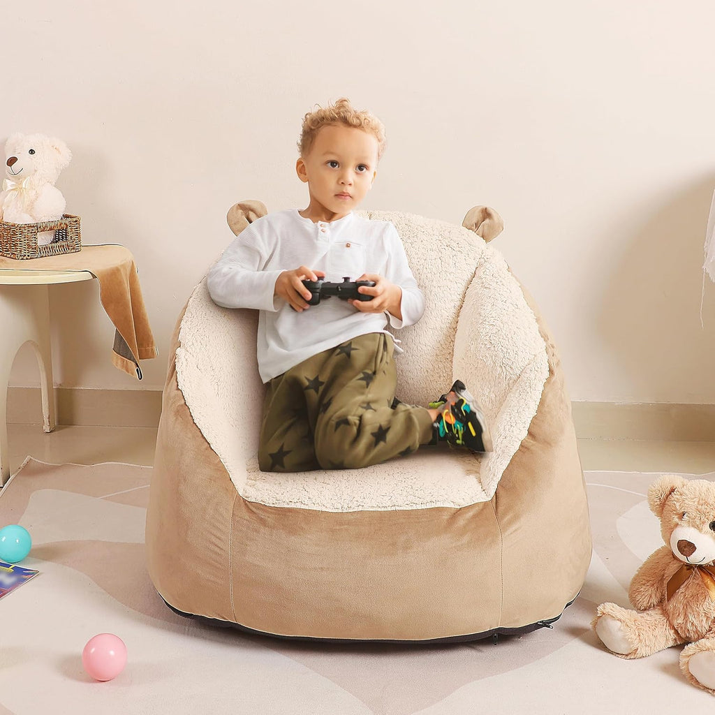 MOMCAYWEX Cute Soft Bean Bag Chair for Kids with Fluffy Bear Ears, Cozee Fluffy Lazy Chair for Up to 10 Years Old Girls and Boys