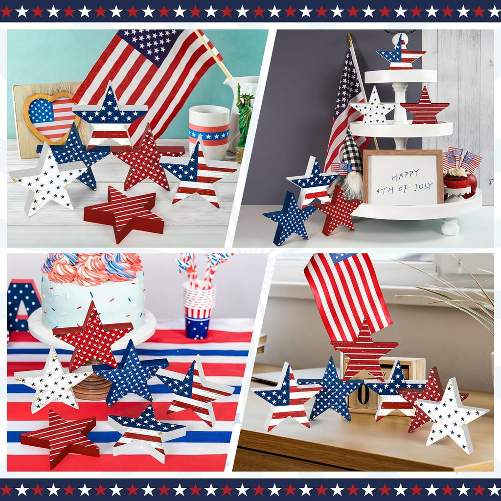 6 PCS 4th of July Wooden Signs, Red White Blue 4th of July Decorations, Star-Shaped 250th Anniversary Patriotic Decor, Independence Day Wood Centerpieces for Tables Shelf Tray Memorial Veterans Day