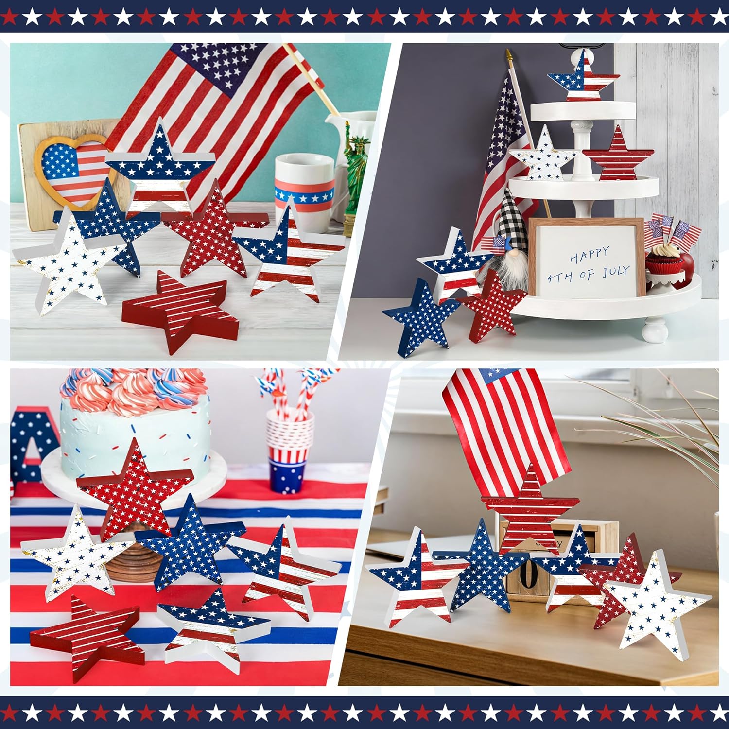 6 PCS 4th of July Wooden Signs, Red White Blue 4th of July Decorations, Star-Shaped 250th Anniversary Patriotic Decor, Independence Day Wood Centerpieces for Tables Shelf Tray Memorial Veterans Day