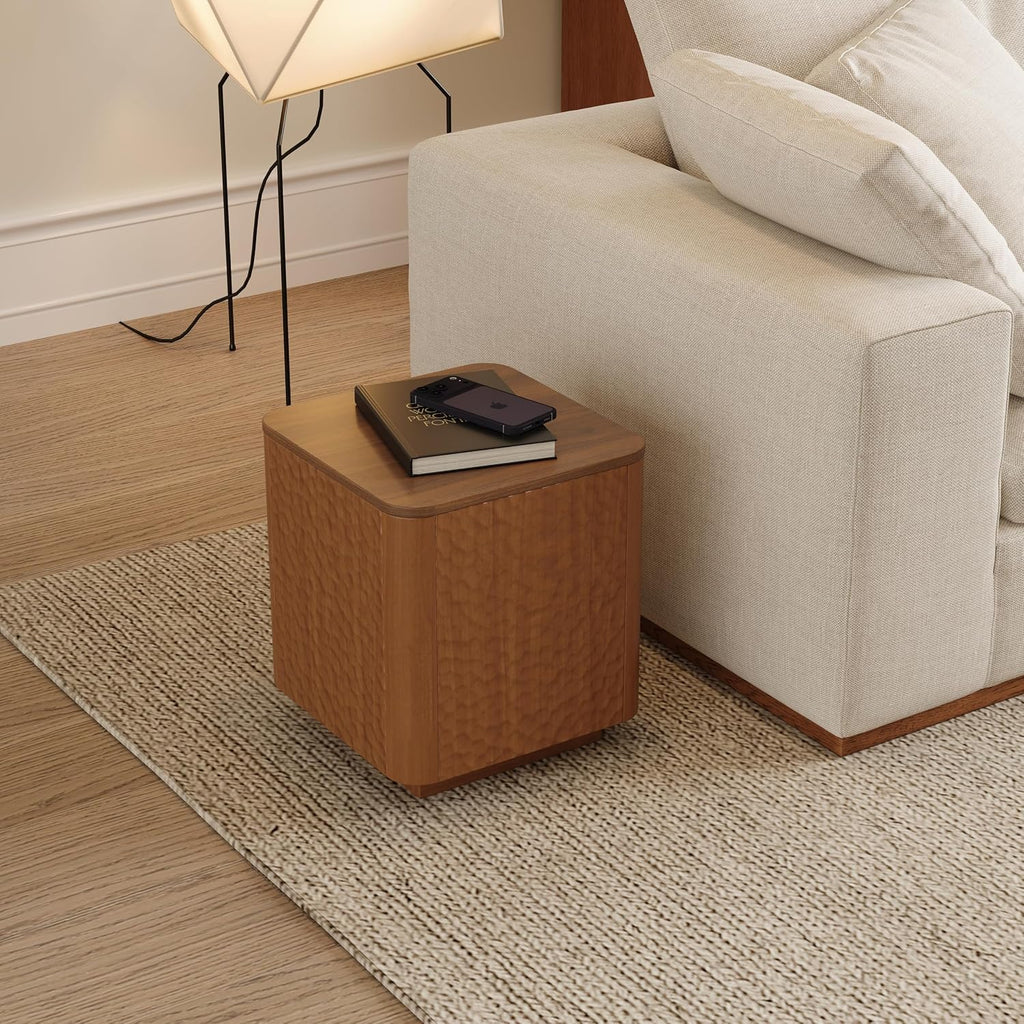 20 inch Square End Table, Wooden Sofa Side Table with Hammered Pattern & Solid Wood Veneer, Mid Century Modern Nightstand, Accent End Table for Living Room, Bedroom, Home Office, Walnut