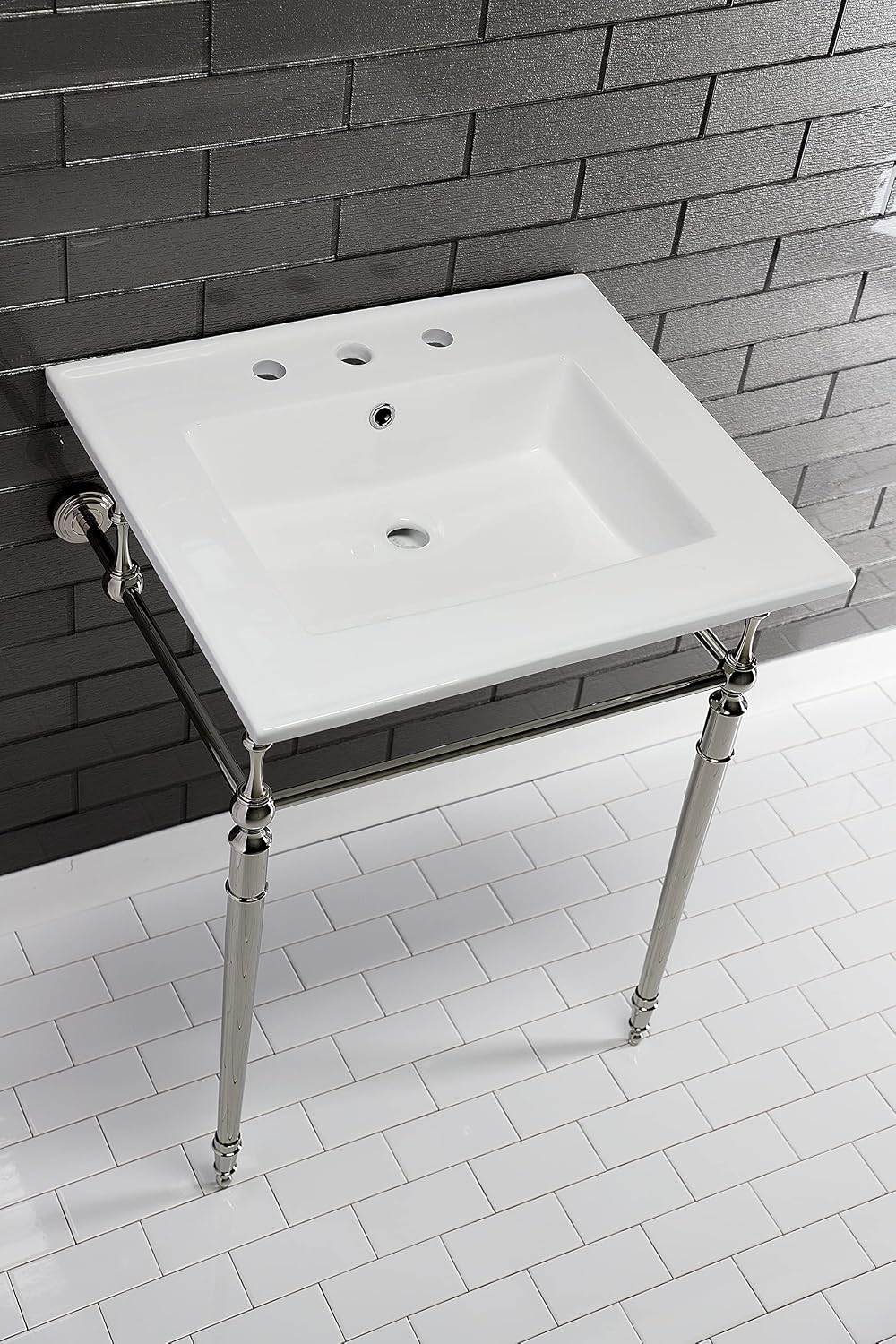 Kingston Brass KVPB25227W8PN Edwardian 25-Inch Console Sink with Brass Legs (8-Inch, 3 Hole), White/Polished Nickel