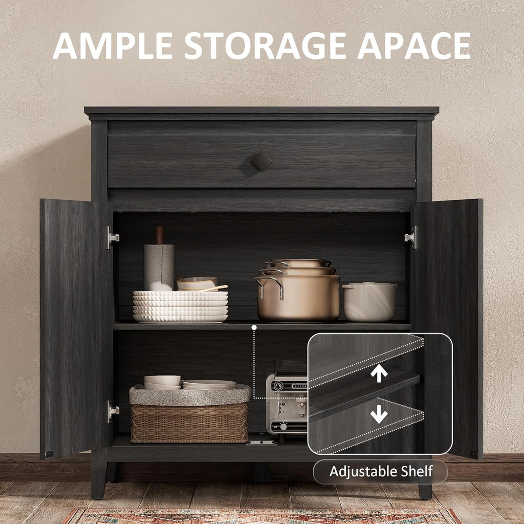 32'' Buffet Cabinet with Storage, Sideboard Cabinet with Drawer and Adjustable Shelf, Modern Accent Storage for Kitchen, Living Room, Entryway, Black