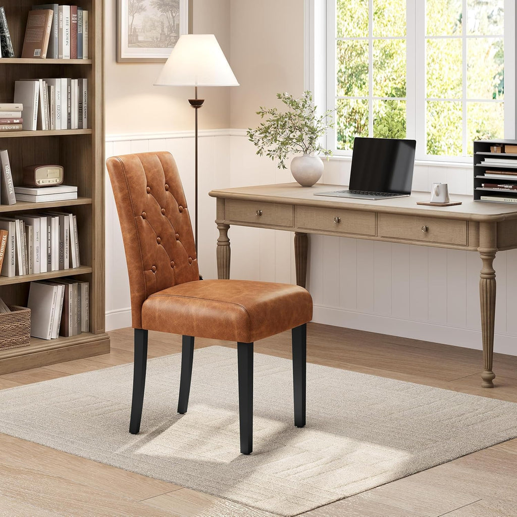 Yaheetech Upholstered Dining Chairs Set of 2 Modern Leather Parsons Kitchen Chairs with Button Tufted High Back and Solid Wood Legs and for Dining Room/Living Room/Restaurant, Retro Brown