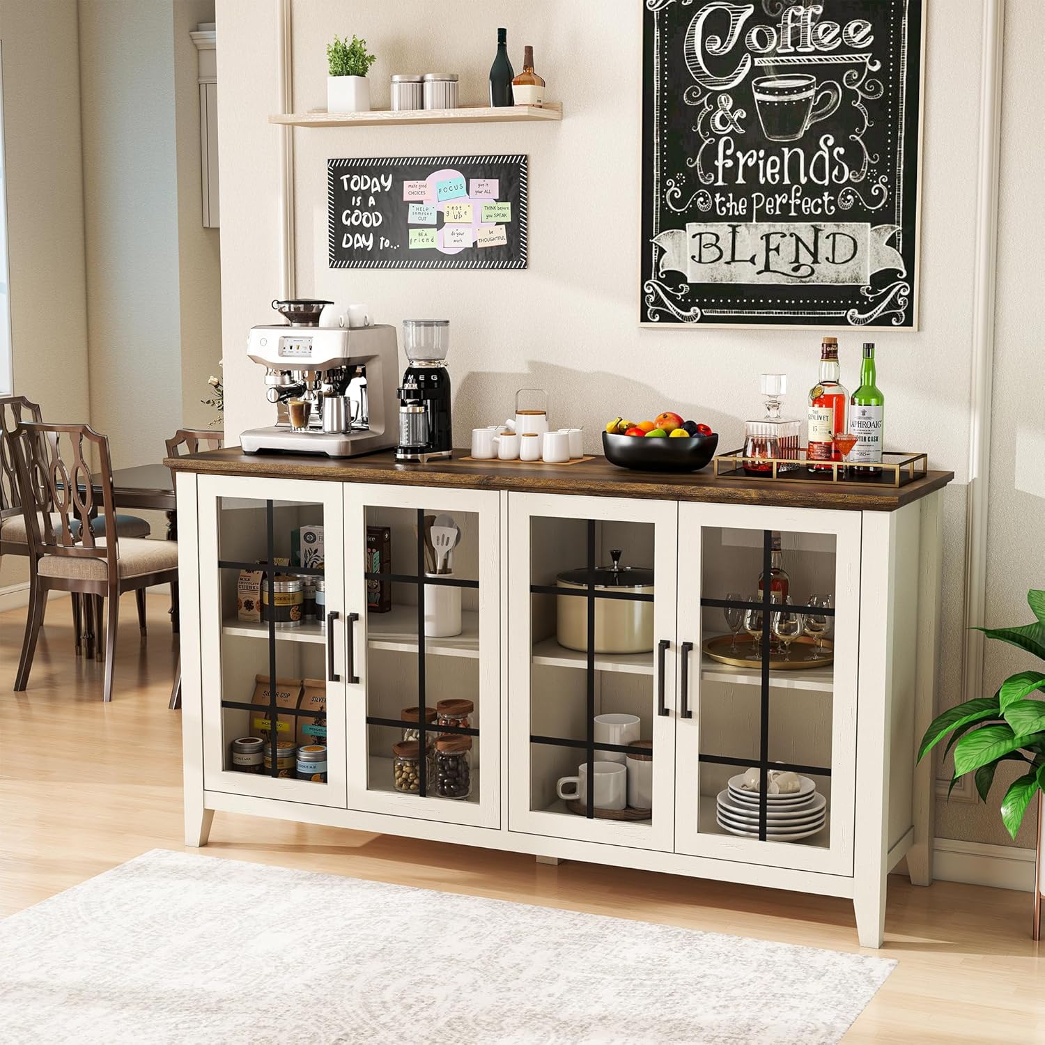 63 Inch Sideboard Buffet Cabinet with 4 Glass Doors, Coffee Wine Bar Storage Cabinet, Modern Buffet Table with Storage for Dining Room, Kitchen, Living Room, Antique White