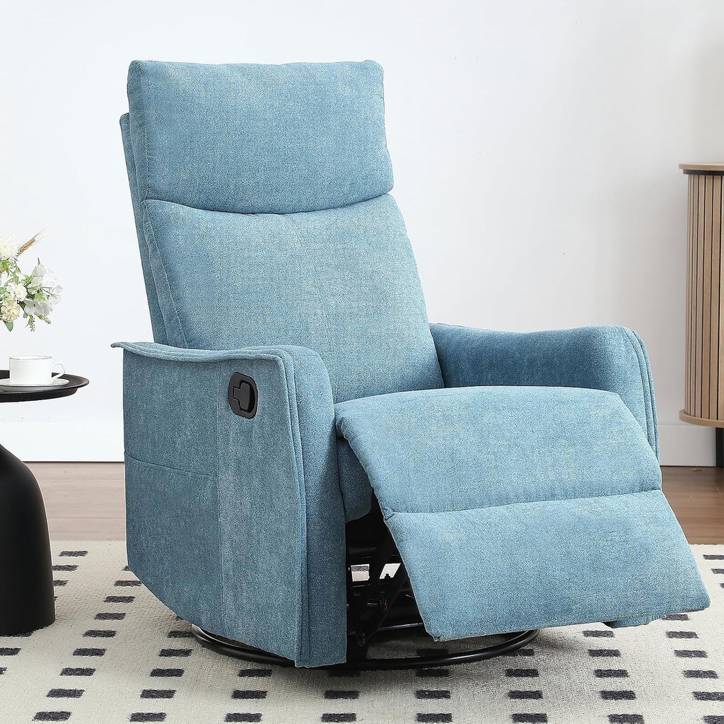 Trustyue Swivel Rocker Recliner Chair, 360° Swivel Recliner with Heat and Massage, Rocker Recliner Nursery Glider Chair with Side Pockets for Living Room (Light Blue, Fabric)