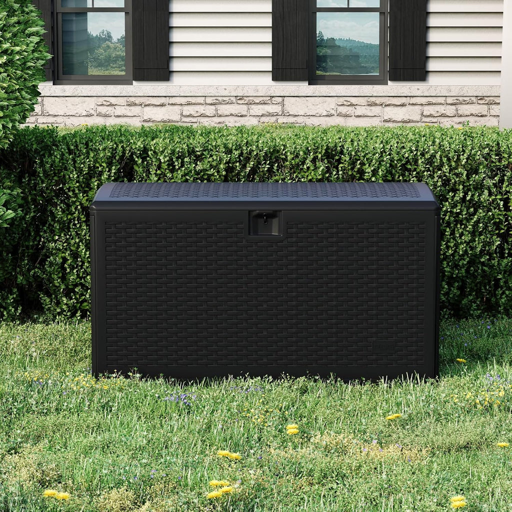Takywep 73 Gallon Rattan Resin Outdoor Storage Deck Box, Waterproof UV Resistant Patio Storage Bench with Lockable Lid, 480 LBS Weight Capacity for Cushions Garden Tools Pool Supplies
