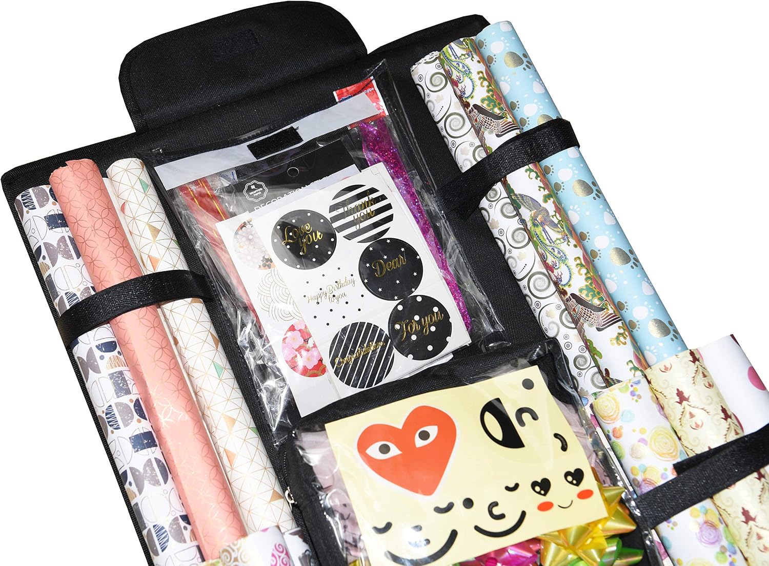 Freegrace Double-Sided Hanging Gift Wrap Organizer - Large 16 x 41 Inch Wrapping Paper Storage Bag - Tearproof 600D Oxford Closet Gift Bag & Ribbon Organization Storage Caddy, Beige (Black)