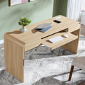 63" Modern Computer Desk with 2 Drawers, Wood Curved Executive Desk with Keyboard Tray & Power Outlet, Writing Desks with Storage for Home Office, Study Room, Living Room (Natural)