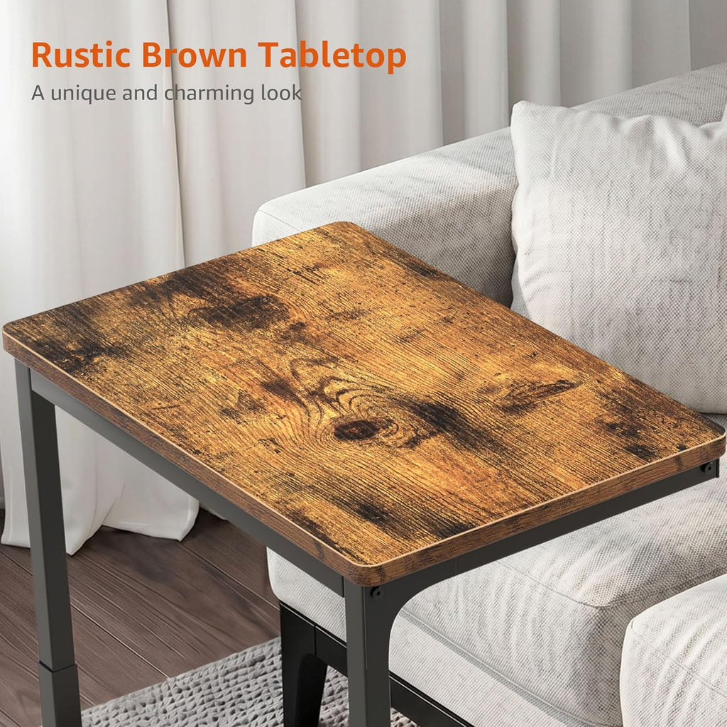 5-Level Adjustable C Side Table - End Table Living Room Bedroom Indoor Small C Shaped Couch Tray Desk, Farmhouse Brown