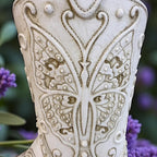 Top Brass Butterfly Boot Vase – Resin Cowboy/Cowgirl Boot Decor - Antique White Finish, Tooled Leather Look, Protective Pads, Modern Rustic Western Flower Holder, 7” Tall