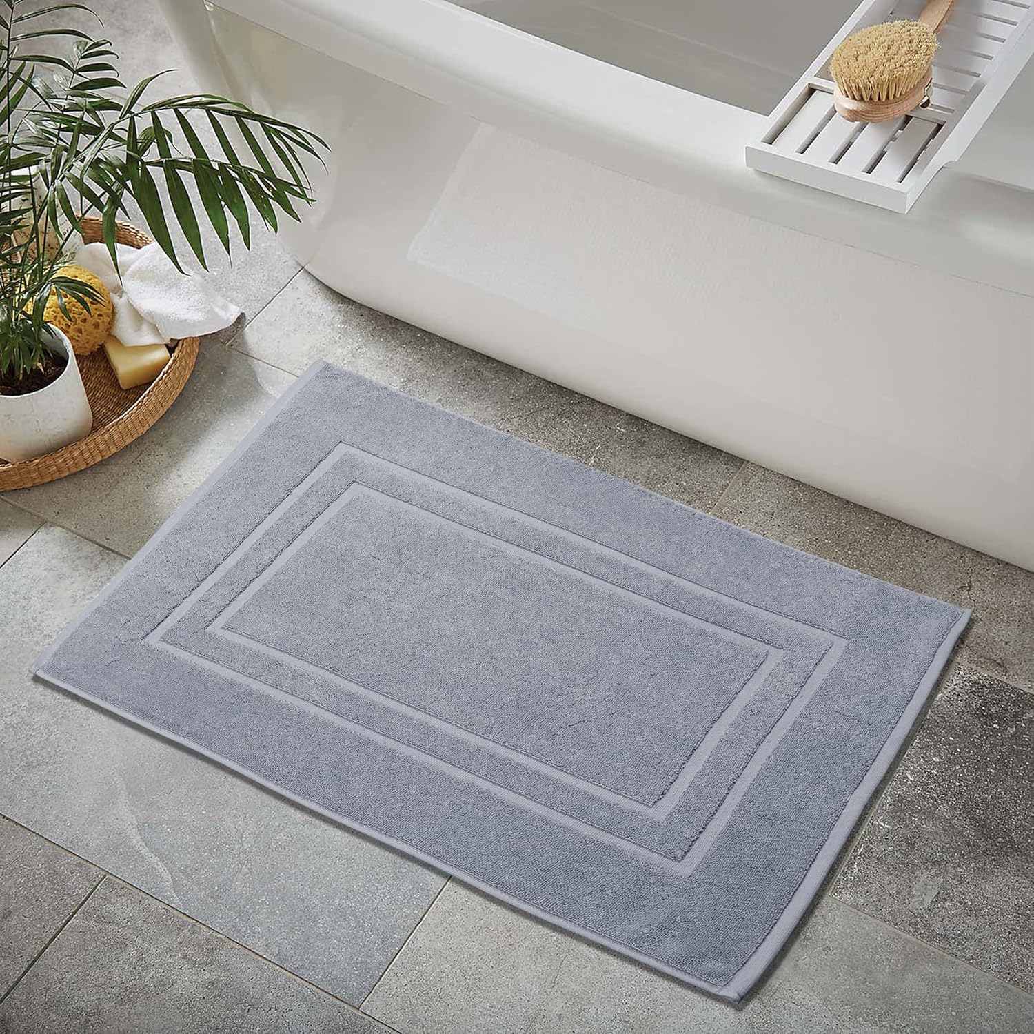 Feather & Stitch 2 Piece Towel Like Bath Mats (30x21 Inch) 100% Cotton Terry Bath Mats, Bathroom Shower Floor Mats [NOT A Bathroom Rug], Soft Absorbent Washable Mats - Grey
