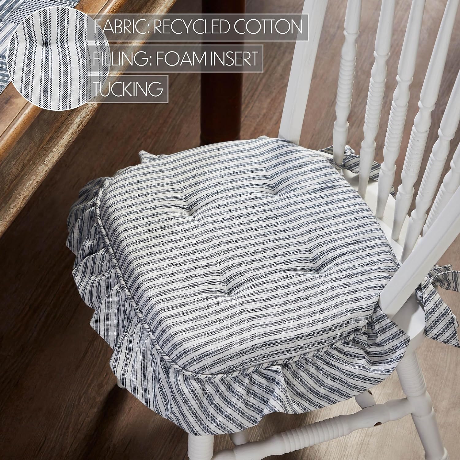 VHC Brands Chair Pad 16.5x18, Cotton Dining Room, Kitchen Chair Pads, Seat Cushion with Ties, Tucked, Sawyer Mill Blue Collection, Rectangle 16.5x18, Denim Blue, Set of 4