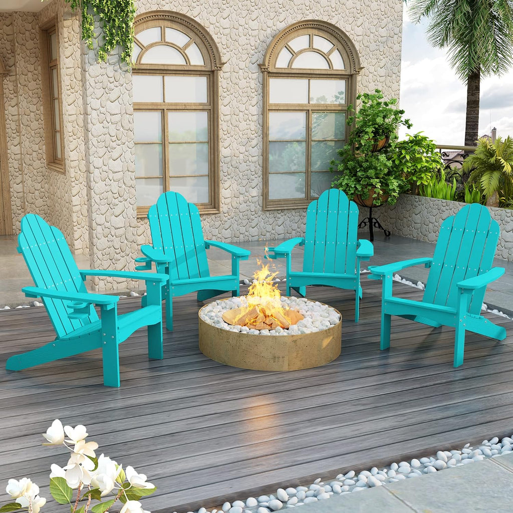 LUE BONA HDPS Adirondack Chairs, Fire Pit Outdoor Chair Weather Resistant with Cup Holder, Modern Plastic Chair Plastic for Patio, Deck, Proch, 350LBS, Aruba Blue