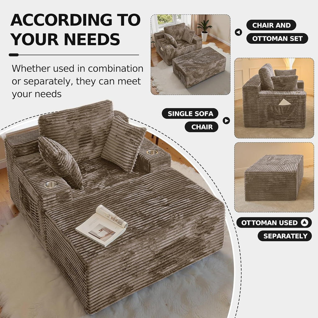 66" Chaise Lounge Chair Indoor,Oversized Boneless Single Sleeeper Couch Bed,Corduroy Cloud Sofa with 3 Soft Pillows for Livingroom,Bedroom,No Assembly,(Khaki)