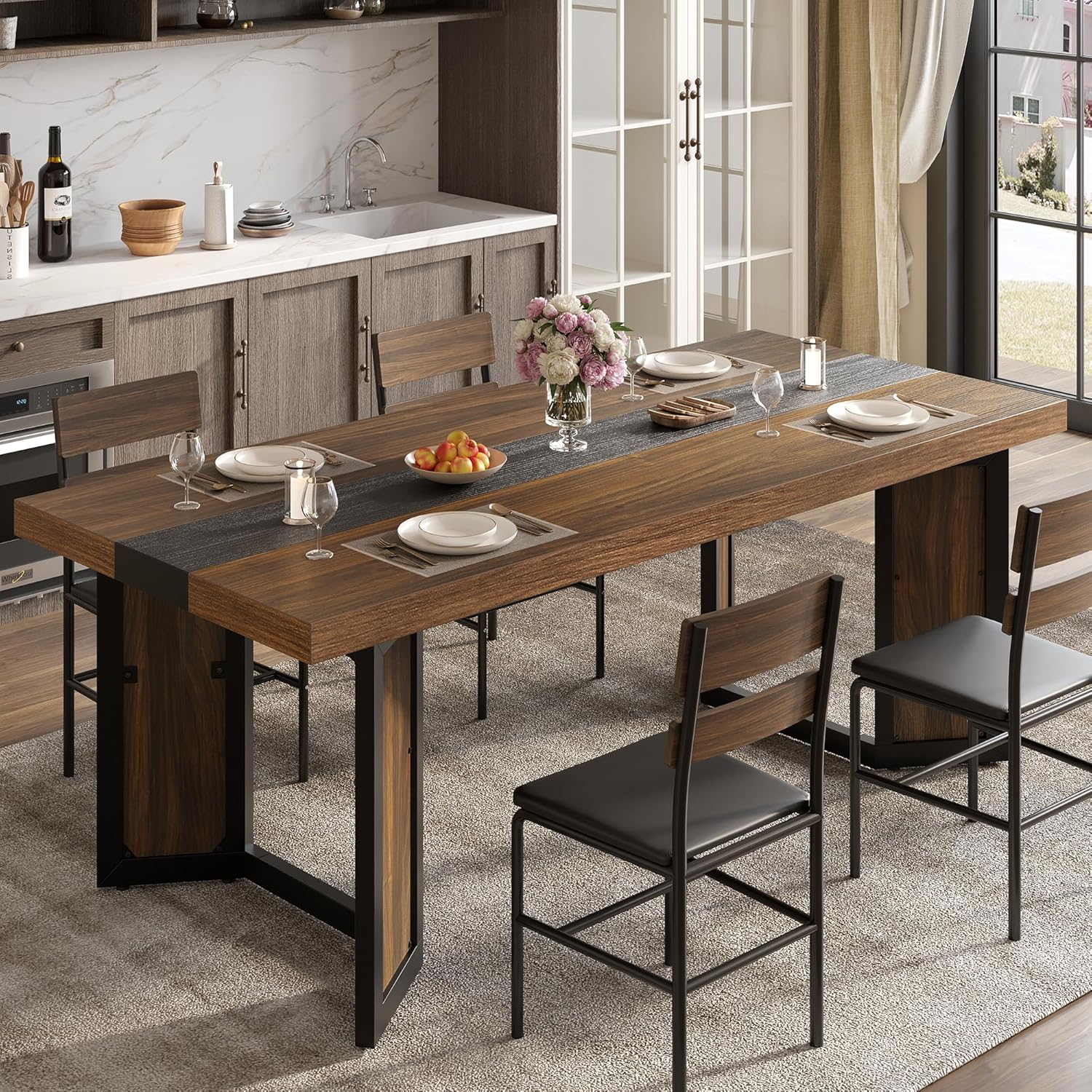 Industrial Dining Table for 6-8 People, 71" Large Long Wooden Kitchen Table with Sturdy Metal Frame & Brown Finish, Rustic Style Rectangular Dinner Table for Dining Room, Kitchen (Reddish Brown )