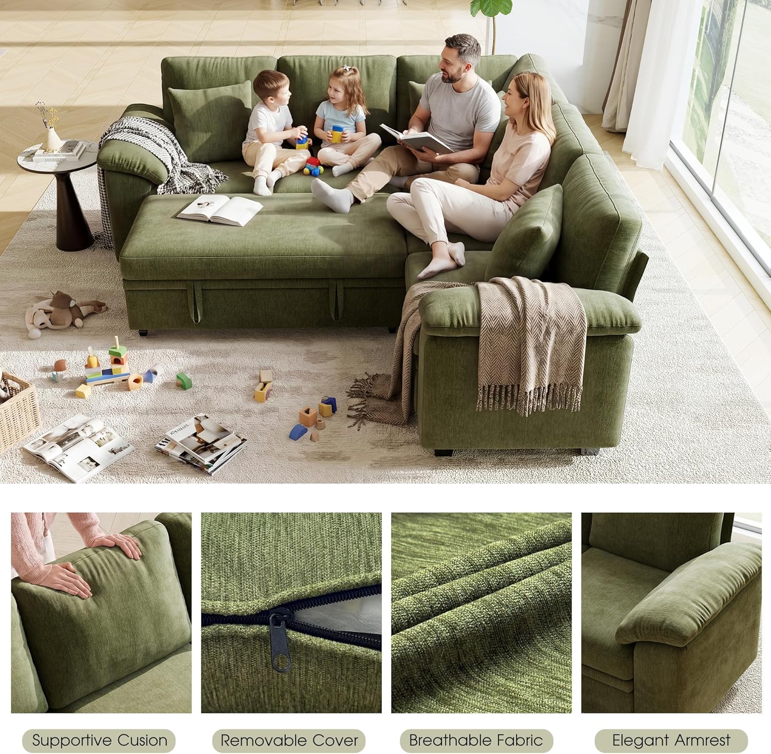86" Modular Sectional Sleeper Sofa with Pull Out Bed, L Shaped 5 Seat Couch with 151L Storage, Convertible Cloud Couch Bed, Sectional Couches for Living Room, Apartment (Green)