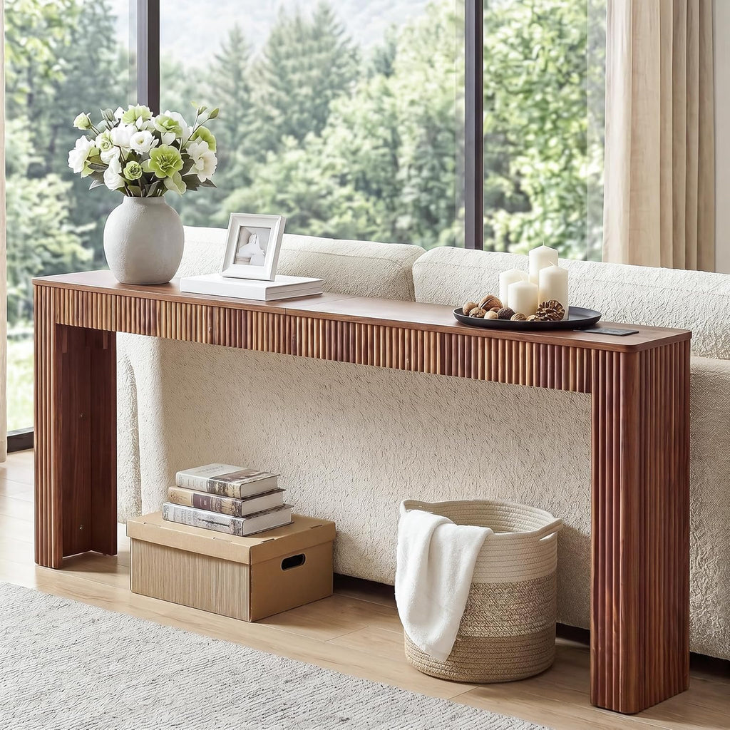 79" Fluted Console Table with Charging Station, Mid Century Modern Narrow Entryway Table with Power Outlet & USB Ports, Long Wooden Sofa Table Behind Couch, Hallway Accent Table for Foyer