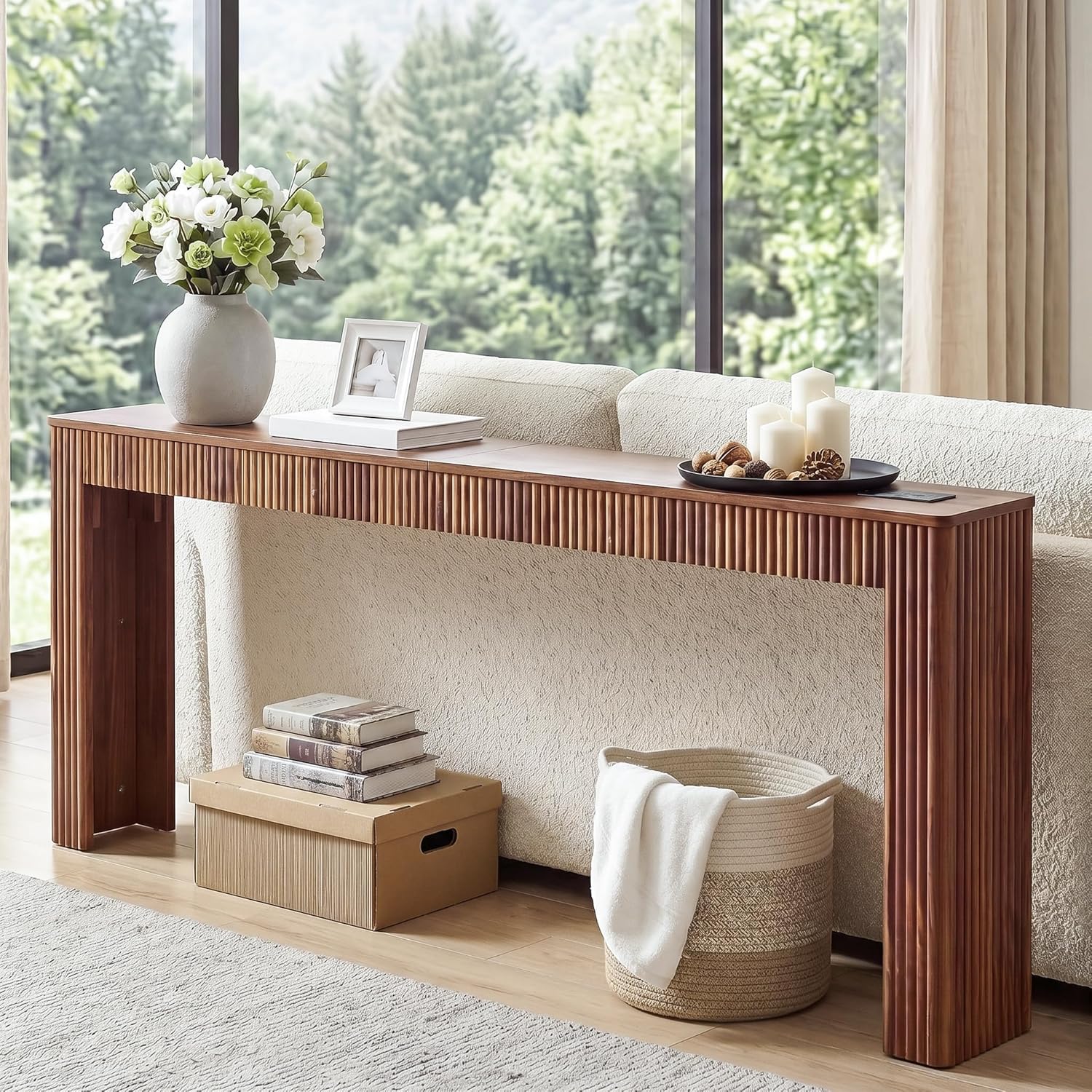 79" Fluted Console Table with Charging Station, Mid Century Modern Narrow Entryway Table with Power Outlet & USB Ports, Long Wooden Sofa Table Behind Couch, Hallway Accent Table for Foyer