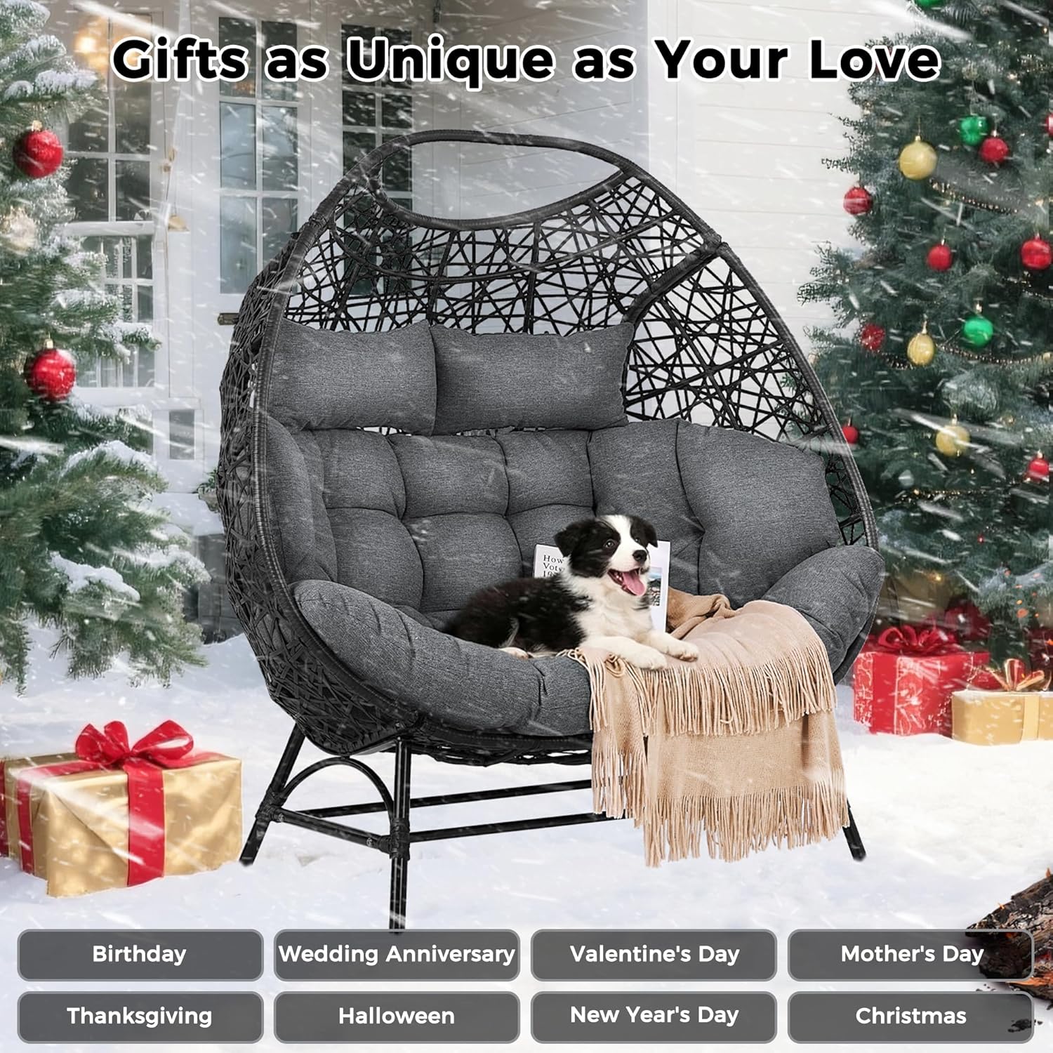 IRONCK Egg Chair Outdoor, Double Egg Lounge Chair with Thickened Padded Cushions and Headrests, 700 Lbs 2 Person Egg Loveseat for Garden, Indoor, Porch, Balcony, Patio, Dark Gray