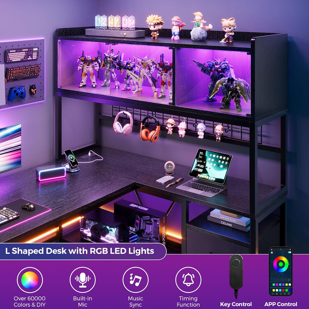 L Shaped Gaming Desk with Fabric Drawers and Power Outlet, Corner Computer Desk with LED-Lit Tempered Glass Display Cabinet, L Shaped Office Desk with Storage,PC Desk for Gaming and Home Office, Black