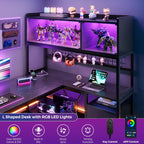 L Shaped Gaming Desk with Fabric Drawers and Power Outlet, Corner Computer Desk with LED-Lit Tempered Glass Display Cabinet, L Shaped Office Desk with Storage,PC Desk for Gaming and Home Office, Black