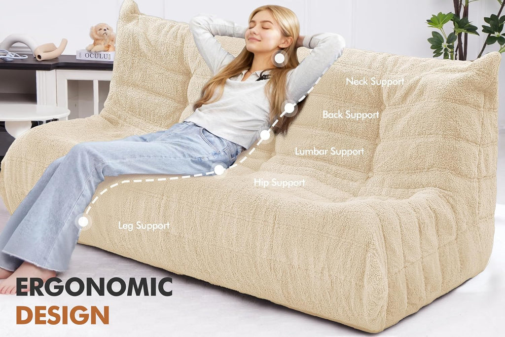 Bean Bag 3-Seater Chair Big Sofa Beanbag Chair for Adults Fireside Chair Bean Bag Lounger with Memory Foam Filled for Home,Apartment or Gaming Venue（Khaki Teddy）