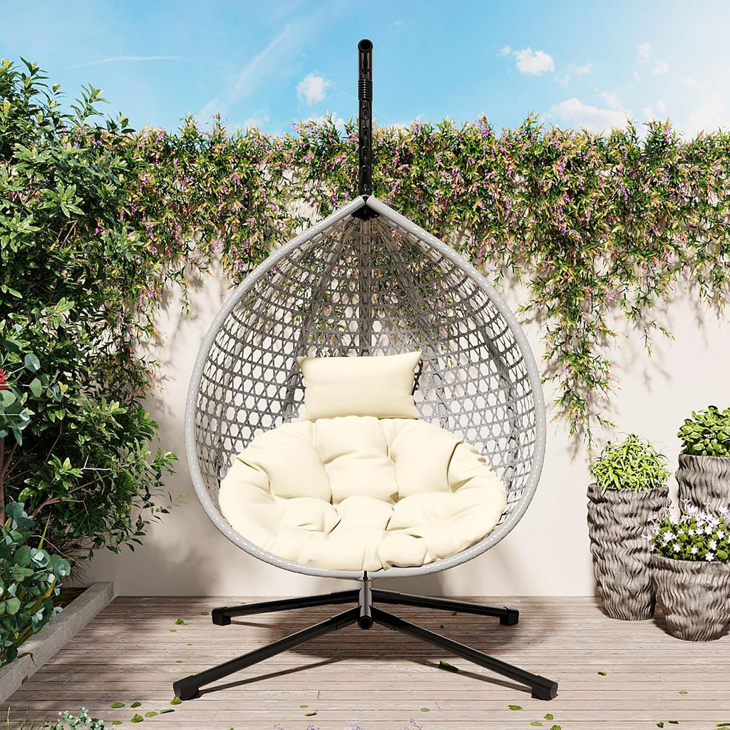 Hanging Egg Chair with Stand – 330 Lbs Capacity Patio Rattan Basket Chair, Garden Swing Hammock with Soft Removable Cushion, Indoor Outdoor for Balcony, Porch, Poolside & Bedroom, Gray+Beige