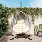 Hanging Egg Chair with Stand – 330 Lbs Capacity Patio Rattan Basket Chair, Garden Swing Hammock with Soft Removable Cushion, Indoor Outdoor for Balcony, Porch, Poolside & Bedroom, Gray+Beige