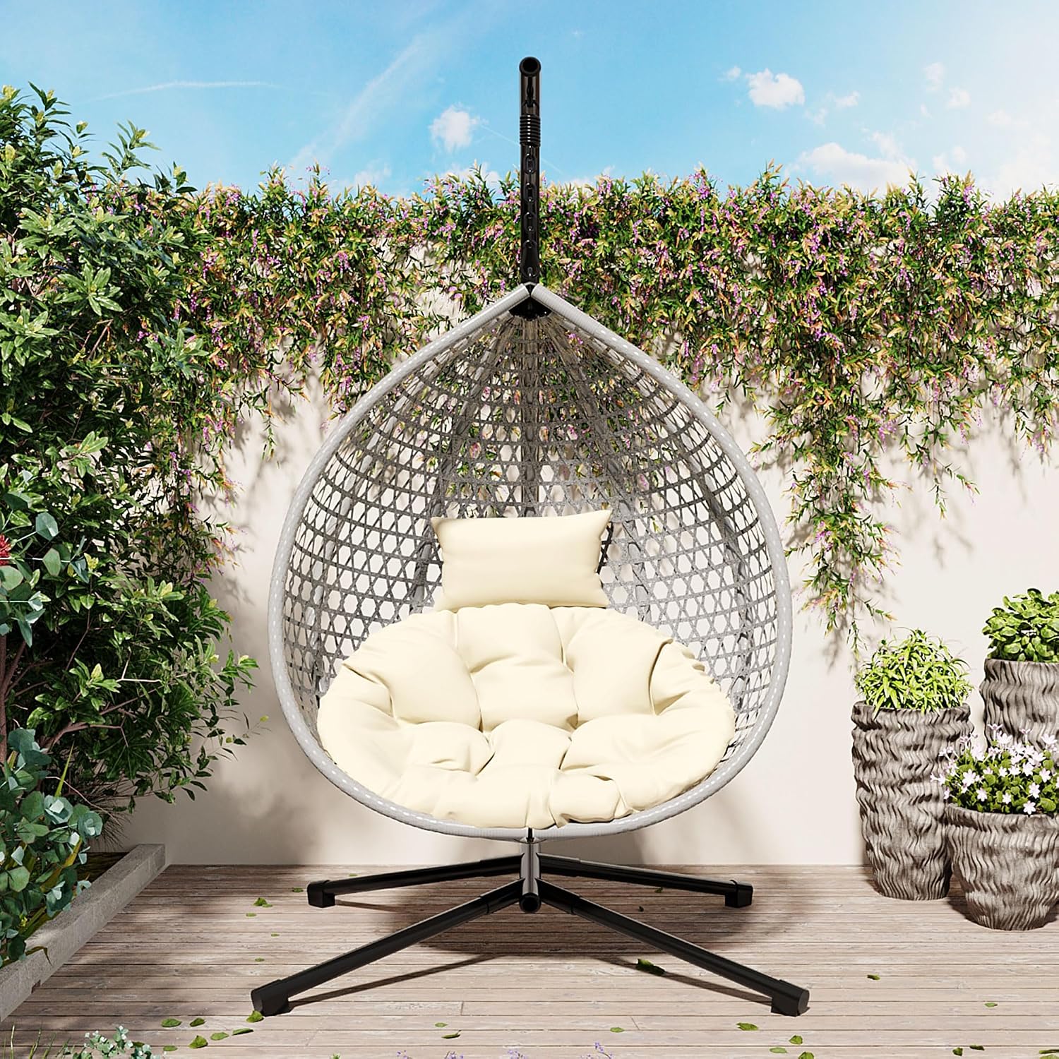 Hanging Egg Chair with Stand – 330 Lbs Capacity Patio Rattan Basket Chair, Garden Swing Hammock with Soft Removable Cushion, Indoor Outdoor for Balcony, Porch, Poolside & Bedroom, Gray+Beige