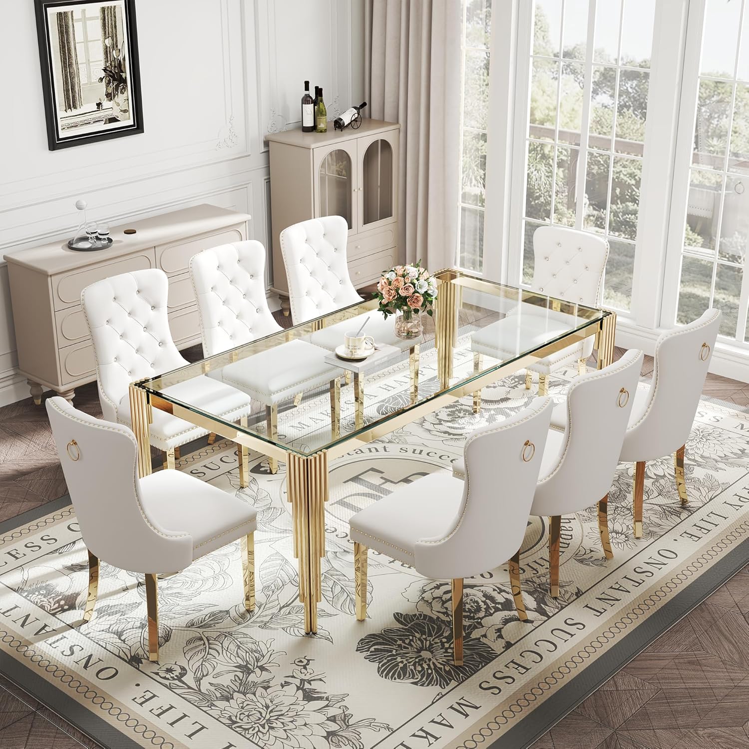 Rectangle Glass Dining Table, 81" Clear Tempered Glass Desktop with Gold Mirrored Stainless Steel Legs, Modern Elegance for 8-10 People, for Kitchen, Living Room, Office
