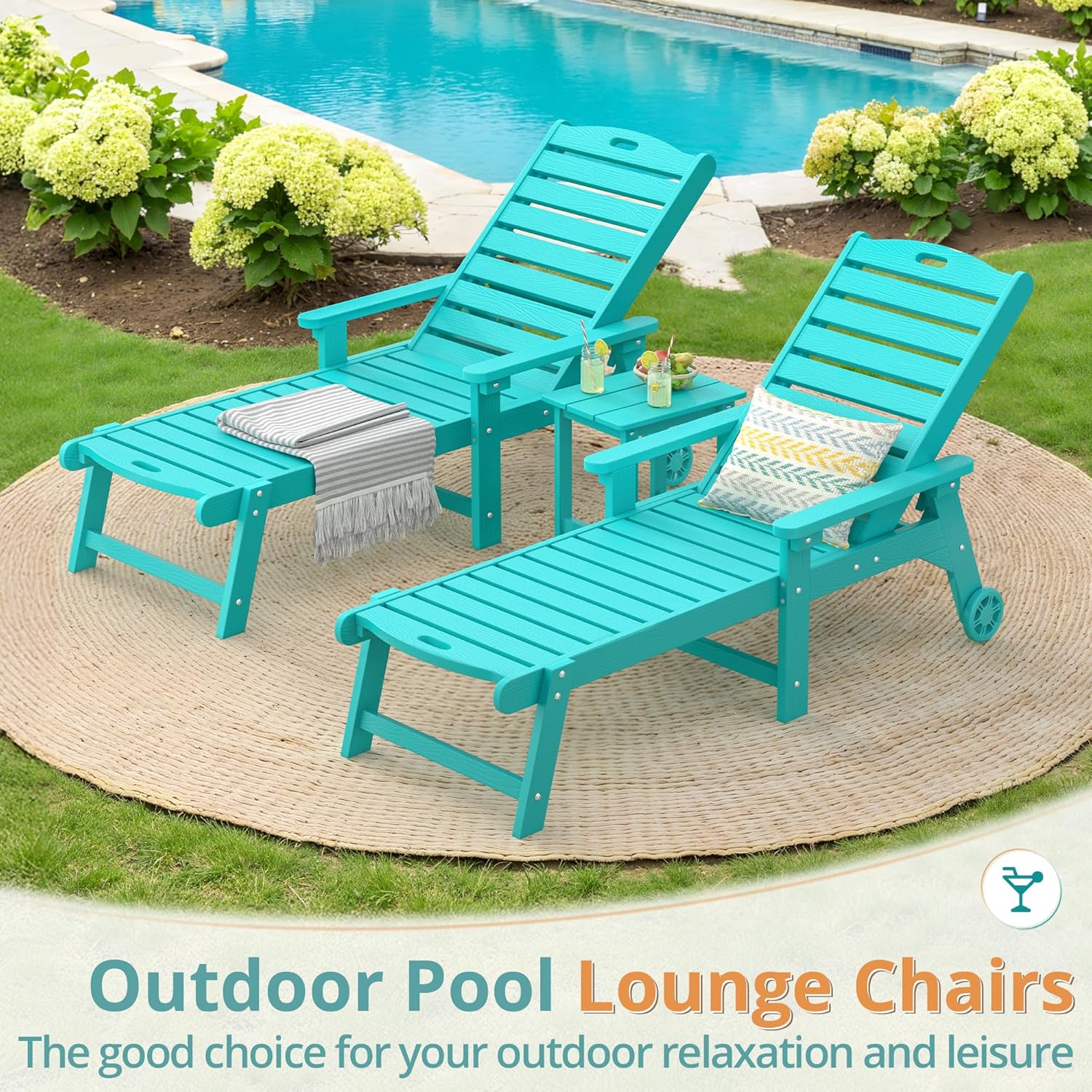 LUE BONA Lounge Chair Outdoor Set of 2, HDPS Chaise Lounge Outdoor with Wheels, 5 Positions Adjustable Pool Lounger Chairs for Outside, Patio, Aruba Blue