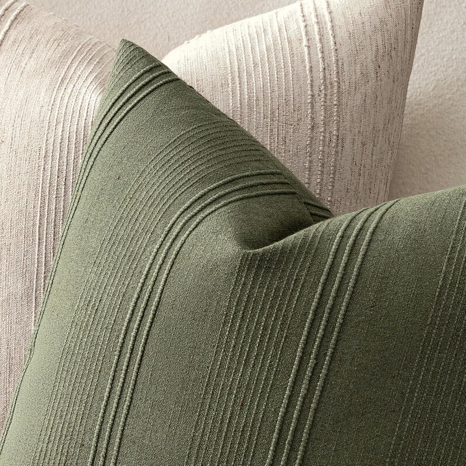 MIULEE Striped Throw Pillow Covers 20x20 Decorative Textured Pillow Covers Pack of 2 Linen Cushion Cases for Couch Bed Sofa Livingroom Farmhouse Home Decor, Olive Green