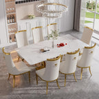RGZ Modern High Back Upholstered Dining Chairs Set of 8, Beige Velvet Kitchen Side Chairs, Luxury Dining Accent Chairs with Comfy Cushion, Golden Stainless Steel Legs for Dining Room Home(Only Chairs)