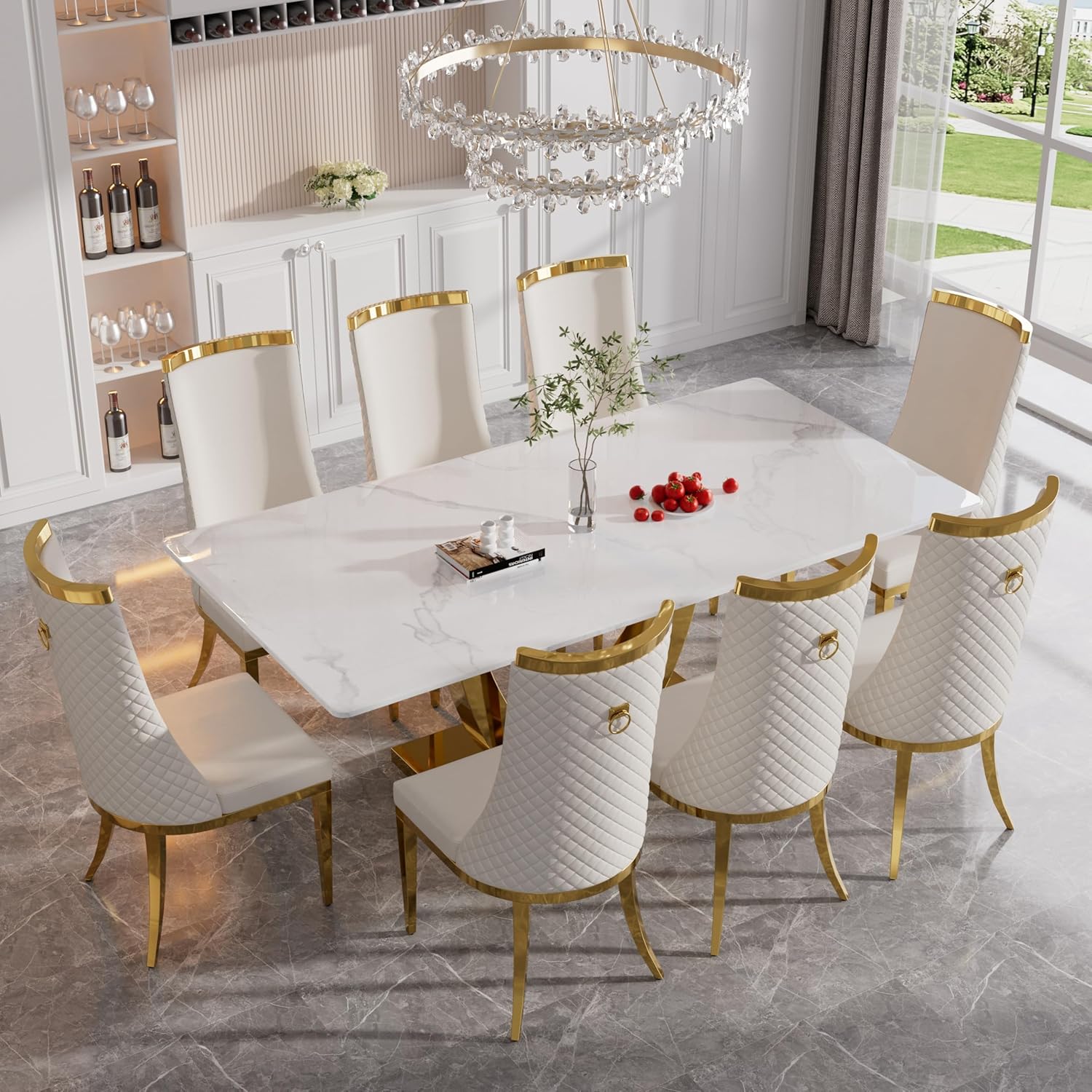 RGZ Modern High Back Upholstered Dining Chairs Set of 8, Beige Velvet Kitchen Side Chairs, Luxury Dining Accent Chairs with Comfy Cushion, Golden Stainless Steel Legs for Dining Room Home(Only Chairs)
