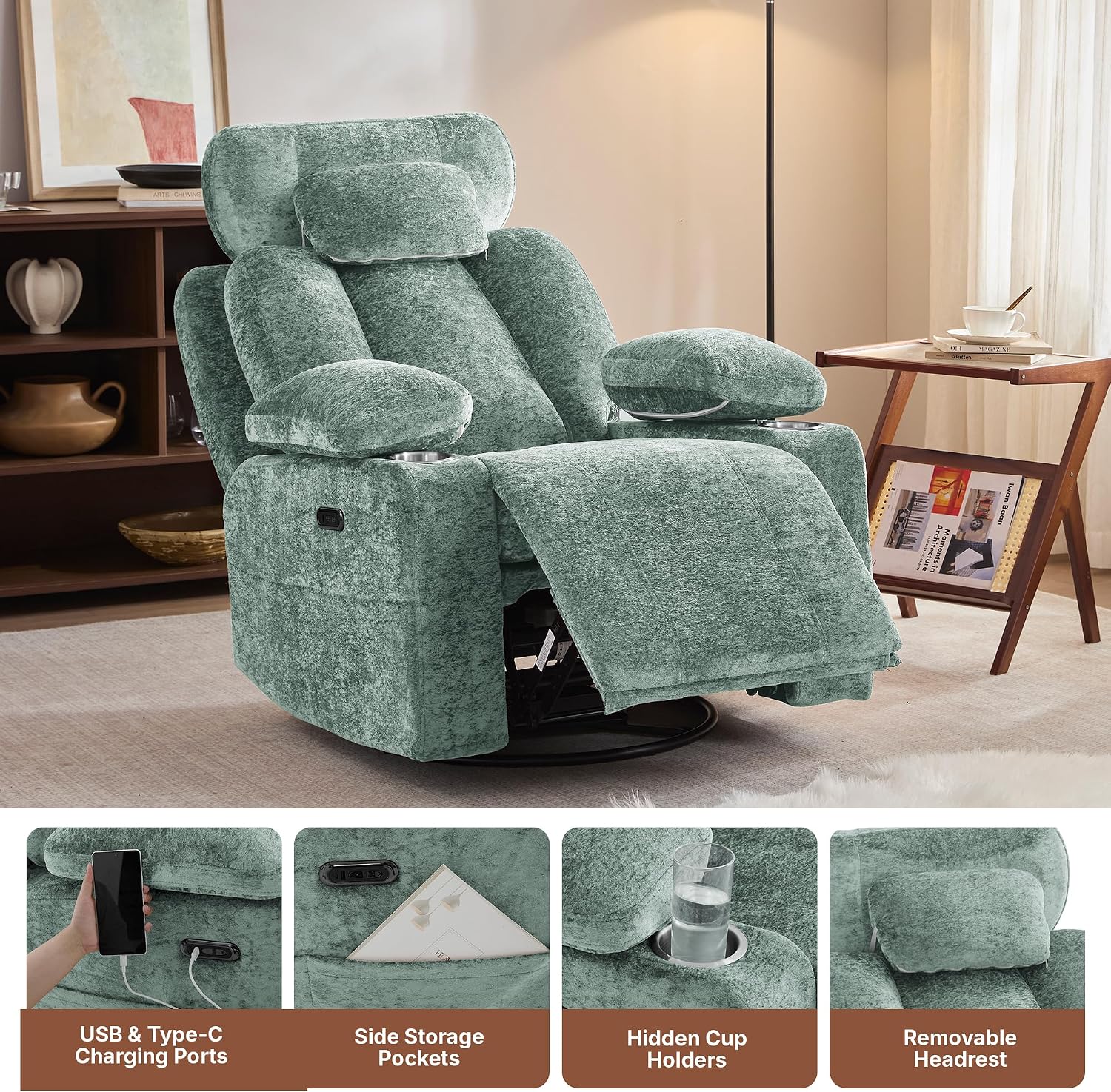 Recliner Chair, 360° Swivel Rocker Recliner for Adults, Rocking Recliners with Massage & Heat, Nursery Rocking Chairs with Cup Holders, Manual Reclining Glider for Living Room, Nursery