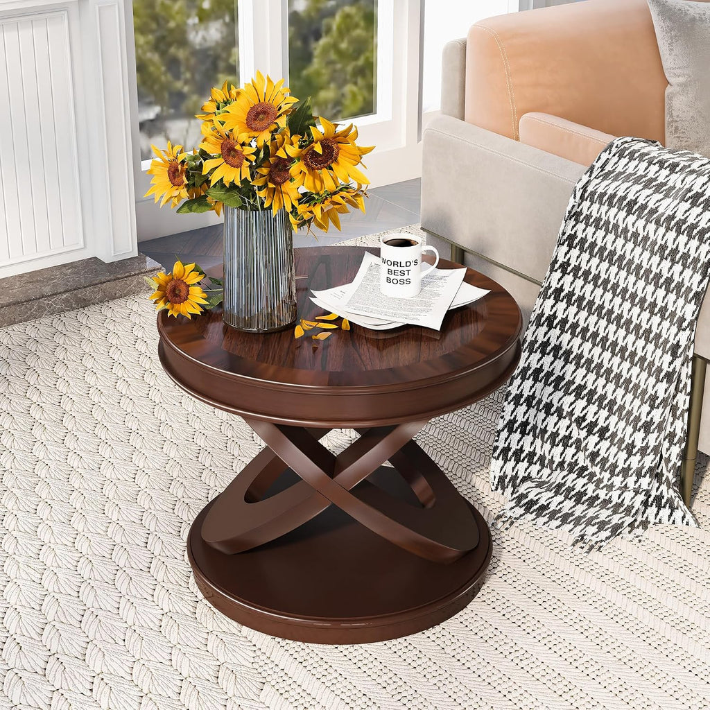 Retro Coffee Table Sets 3 s, Wood Living Room Table Set Include 44" Oval Coffee Table, Round End Table Set of 2, Walnut