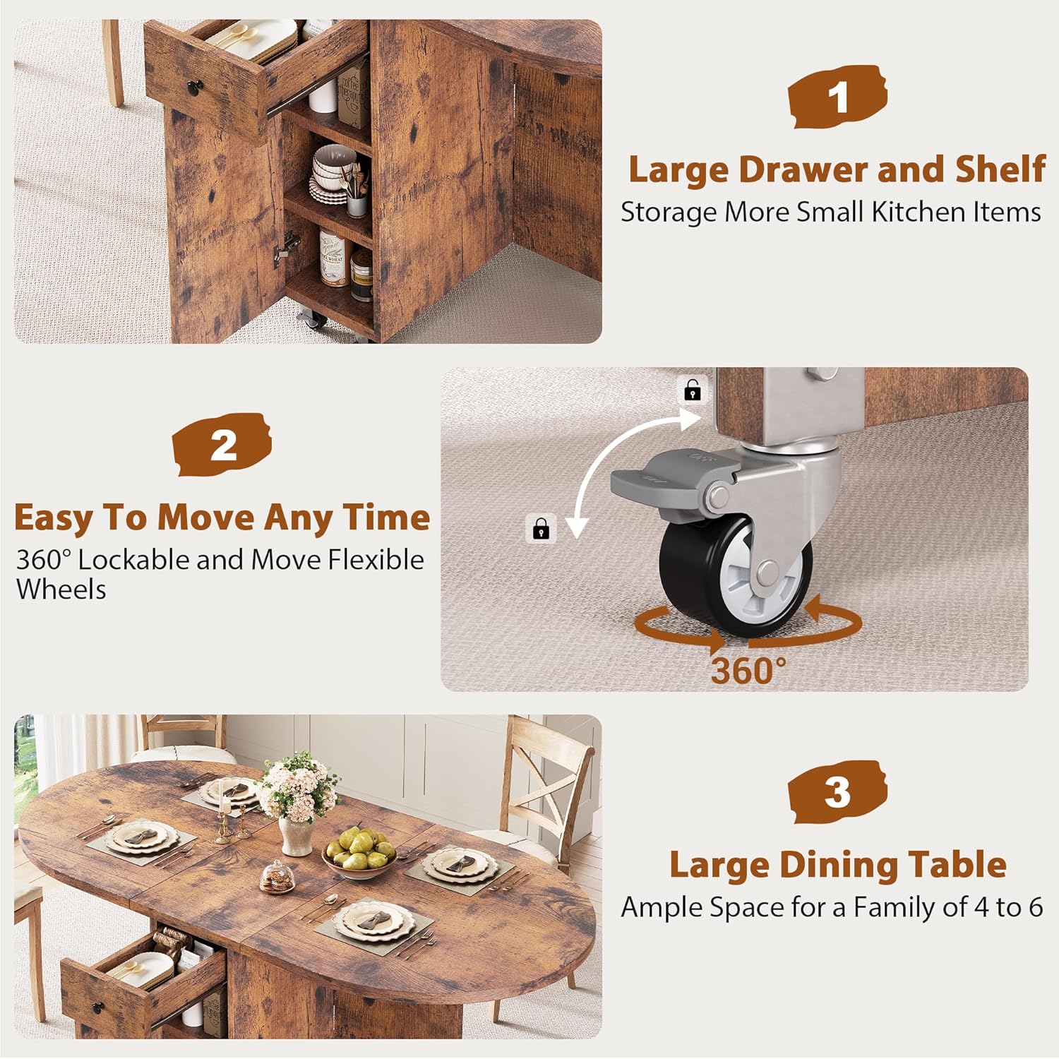 Jocoevol Round Folding Dining Table for 4, Space Saving Drop Leaf Kitchen Table with Storage Drawer, 6 Wheels Oval Gateleg Foldable Dining Table for Small Spaces(Vintage 47 * 23.6 * 30)