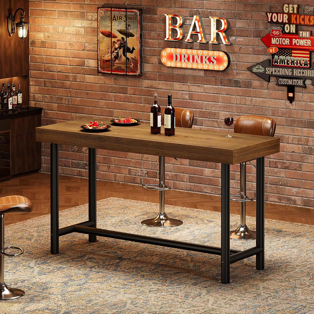 63" Solid Wood Bar Table, Long Counter Height Pub Top Table, Narrow Dining Breakfast Bar Units with Metal Sturdy Legs for Home Kitchen, Living Room, Bistro, Easy to Assemble