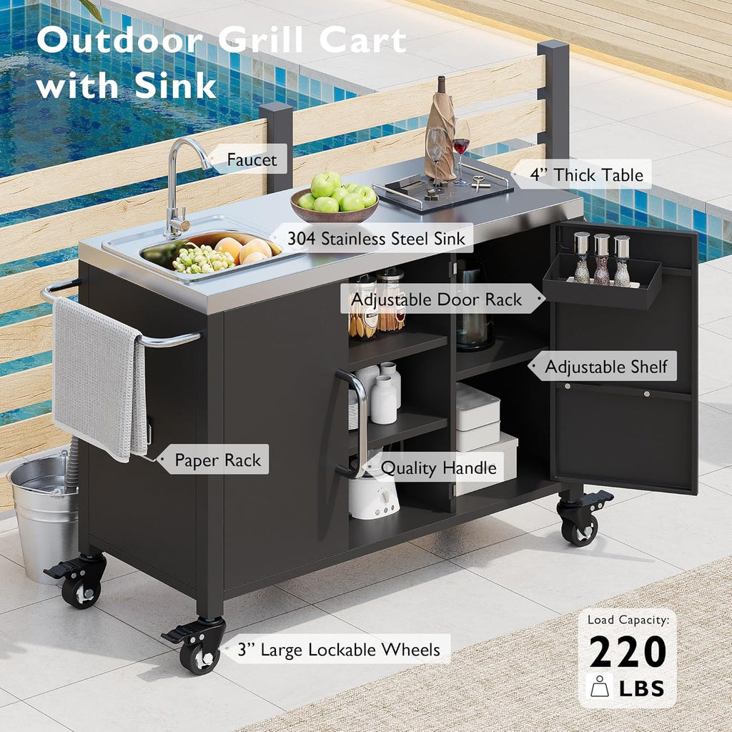 JIJIWANG 55.5" Outdoor Kitchen Island with Stainless Steel Sink, Outdoor Bar Cart Sink Station with 4 Lockable Wheel for Pizza Prep & BBQ Black