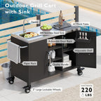 JIJIWANG 55.5" Outdoor Kitchen Island with Stainless Steel Sink, Outdoor Bar Cart Sink Station with 4 Lockable Wheel for Pizza Prep & BBQ Black
