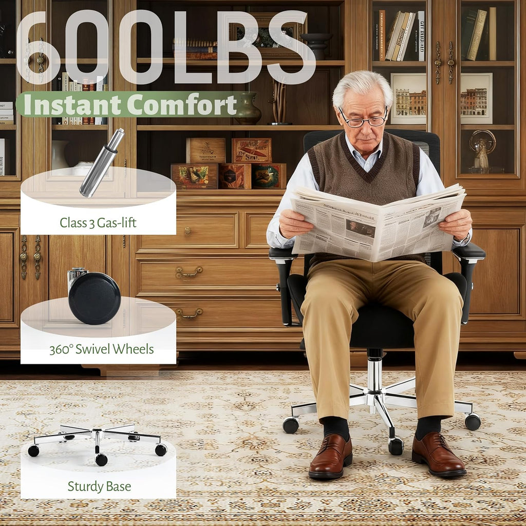 600LBS Big and Tall Office Chair,Ergonomic Mesh Office Chairs with Thicken Oversized Spring Cushion,Executive Computer Desk Chair Adjustable Upgraded 4D Armrests for Home Office,Black