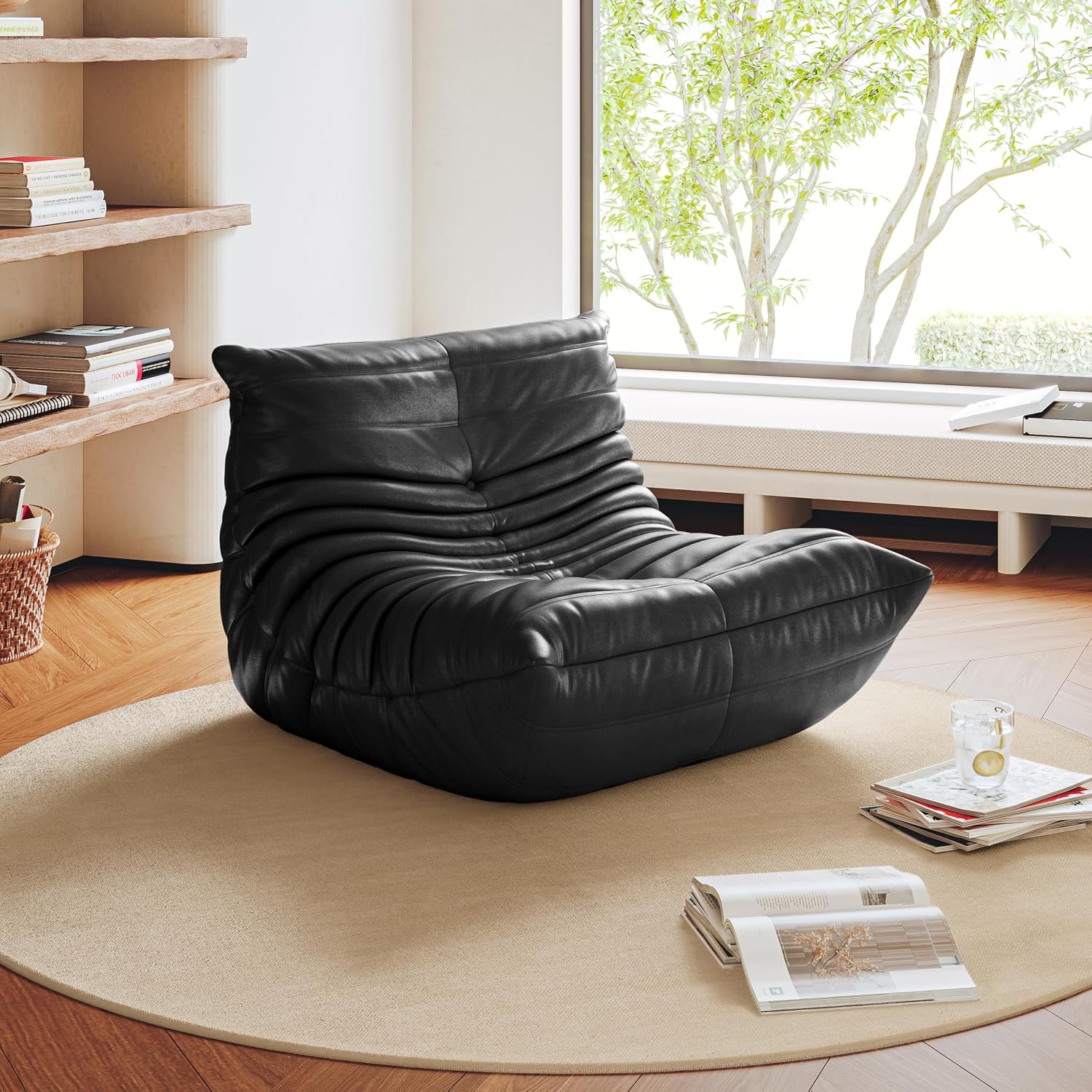 High-end Uncompressed Togo Bean Bag Chair for Adults, Memory Foam Floor Sofa Couch with Soft Fabric, Comfy Fireside Lounge Chair for Living Room, Bedroom, Apartment Microfiber Leather Black