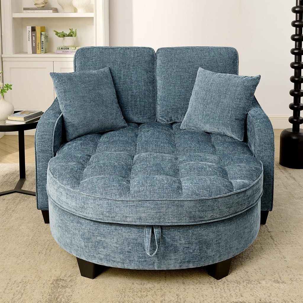 Oversized Curved Chaise Lounge Chair Indoor with Ottoman, 54.8" Cloud Boneless Reading Chair Soft Chenille Circle Couch w/Adjustable Backrest for Living Room, Apartroom, Bedroom, Blue