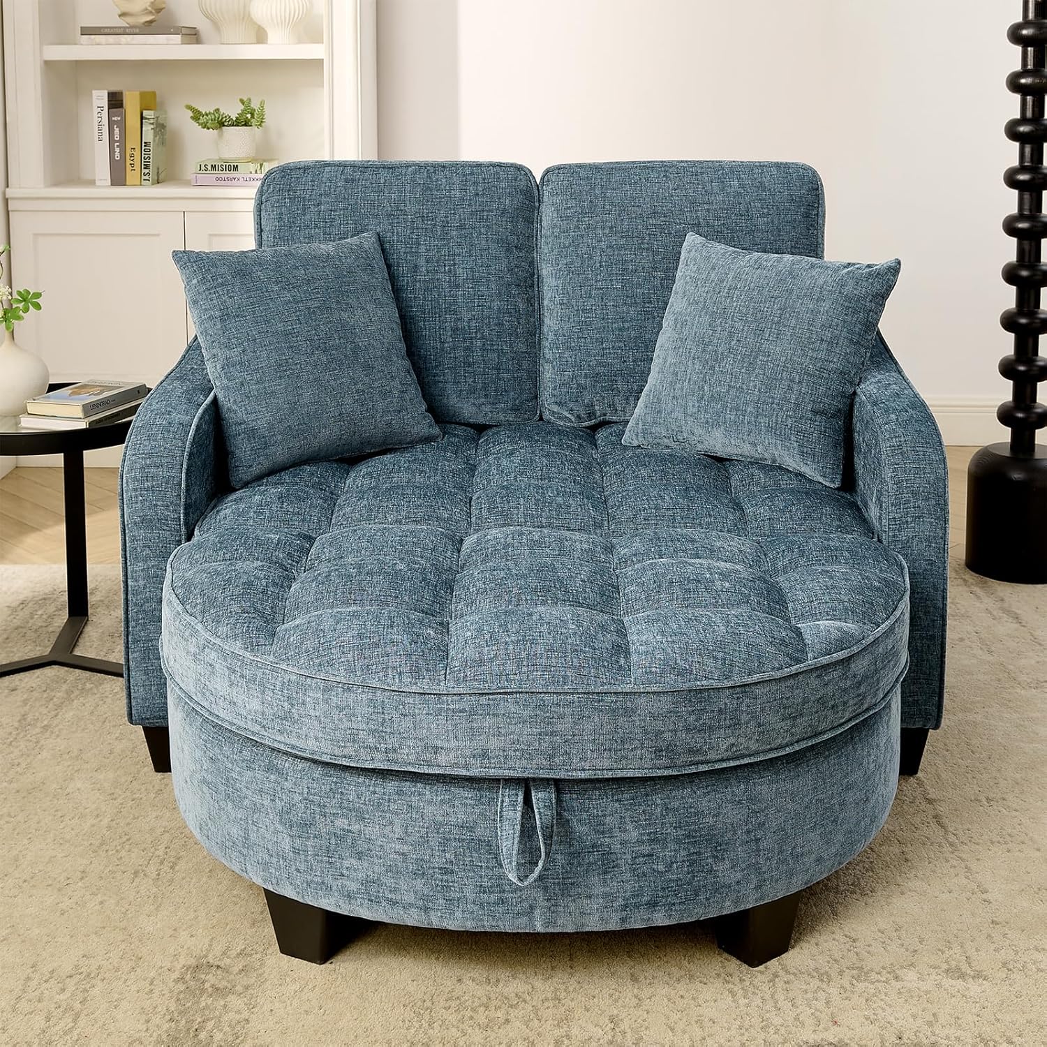 Oversized Curved Chaise Lounge Chair Indoor with Ottoman, 54.8" Cloud Boneless Reading Chair Soft Chenille Circle Couch w/Adjustable Backrest for Living Room, Apartroom, Bedroom, Blue