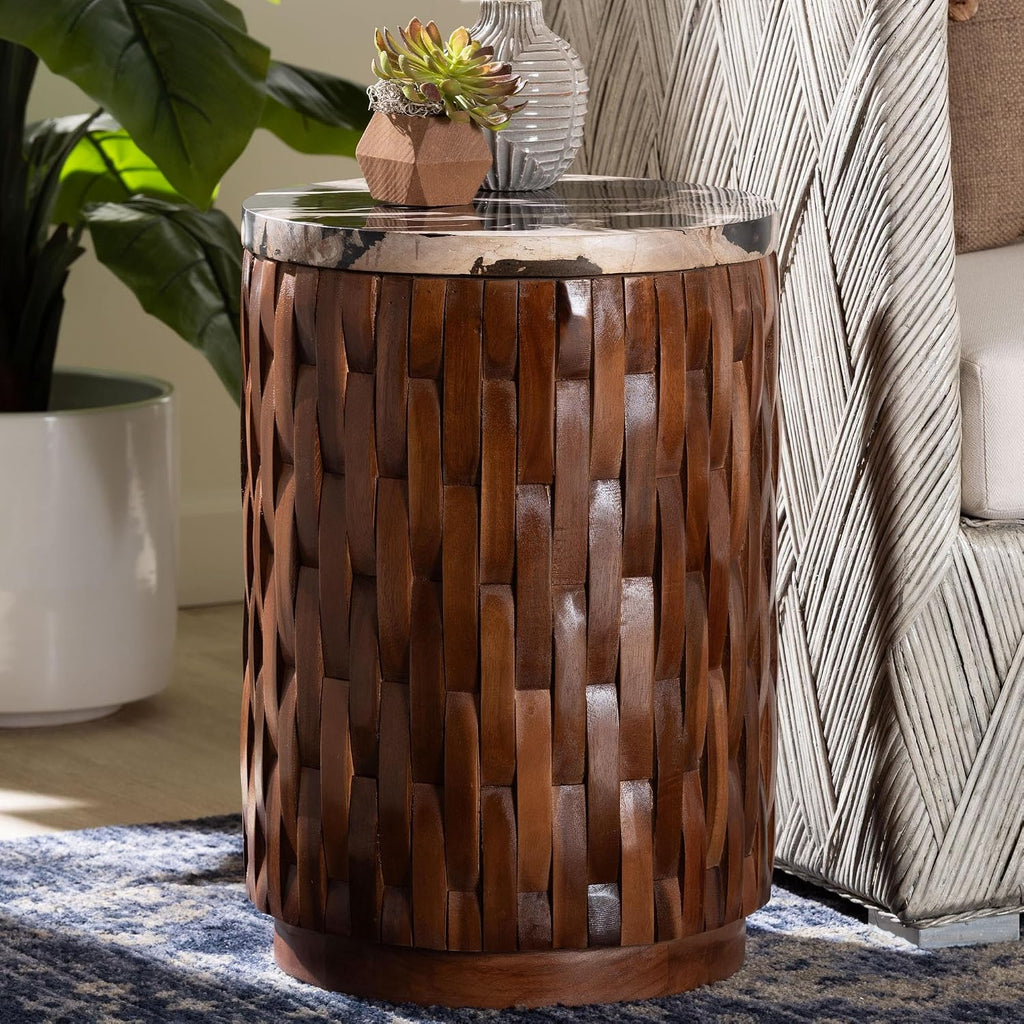 Bali & pari Lavanya End Table with Petrified Wood Top - Drum Accent Side Table with Recycled Teak Wood Frame for Living Room or Entryway