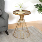 Merax 18" Hollow Edge End Table, Retro Art Pine Round Side Table, Iron Frame Side Desk with Wooden Concave Tabletop for Living Room Bedroom, Antique Gold