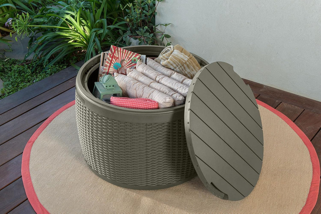 Keter Circa 37 Gallon Resin Deck Box Stool, All-Weather Outdoor Storage Seat with Rattan-Look Finish, Durable Patio Storage Bench for Cushions, Garden Tools, Pool Accessories