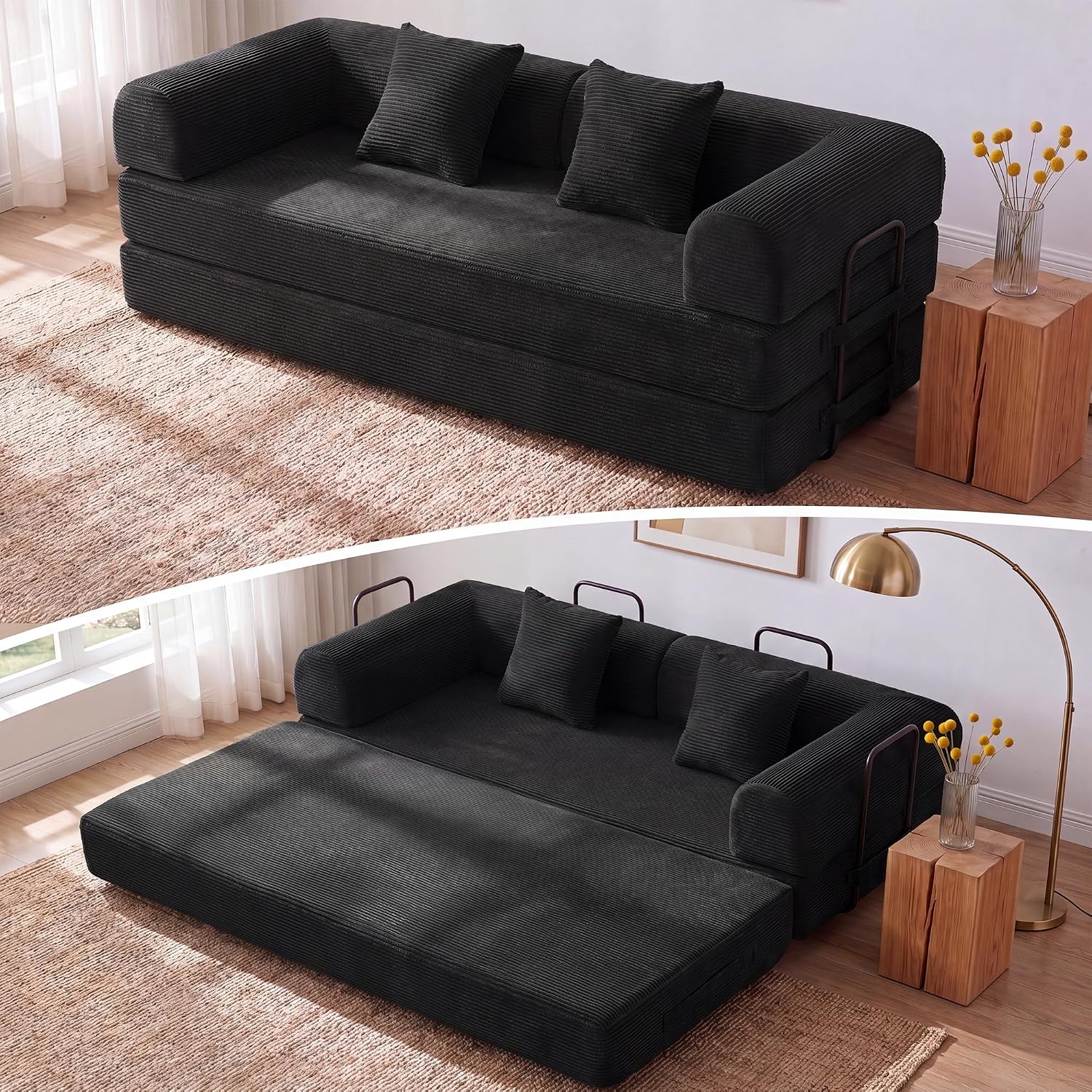 79'' Convertible Sofa Bed, 5-in-1 Folding Boneless Couch, Pull Out Floor Sleeper, Modular Lounge Sofa for Living Room Bedroom, Multi-Function Foldable Sofa (Black)