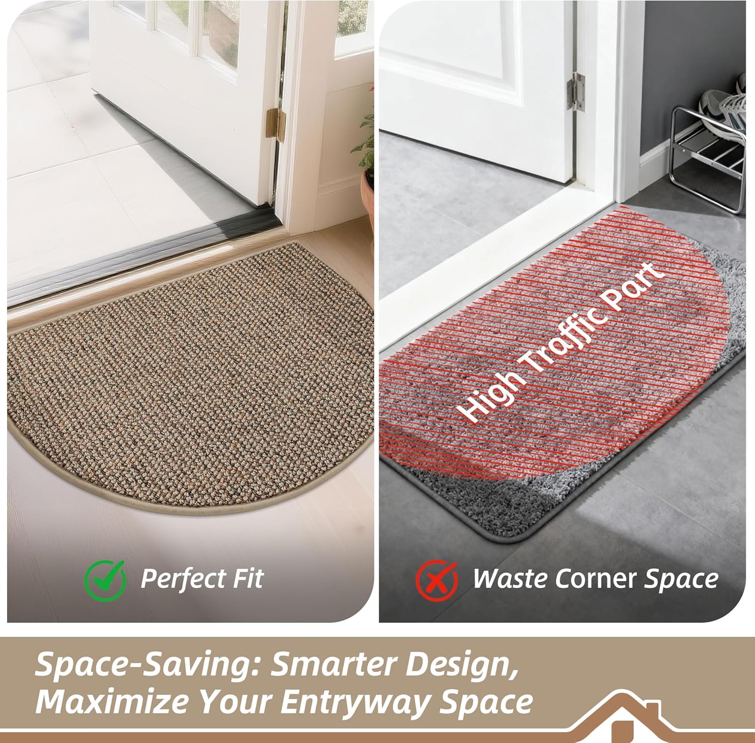 BEQHAUSE Dirt Trapper Door Mat 17" x 30" Half Circle Non Slip Washable Doormats Entrance Rugs Absorbent Welcome Low Profile Floor Mats for Front Back Door and Entryway, Taupe